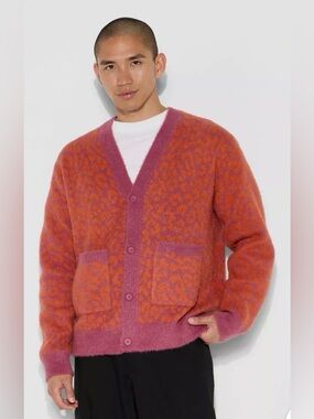 Original Use Orange and Pink Leopard-Pattern V-Neck Cardigan